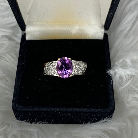 BLING : Amethyst and Rhinestone Gold Tone Ring - Picture 1 of 9